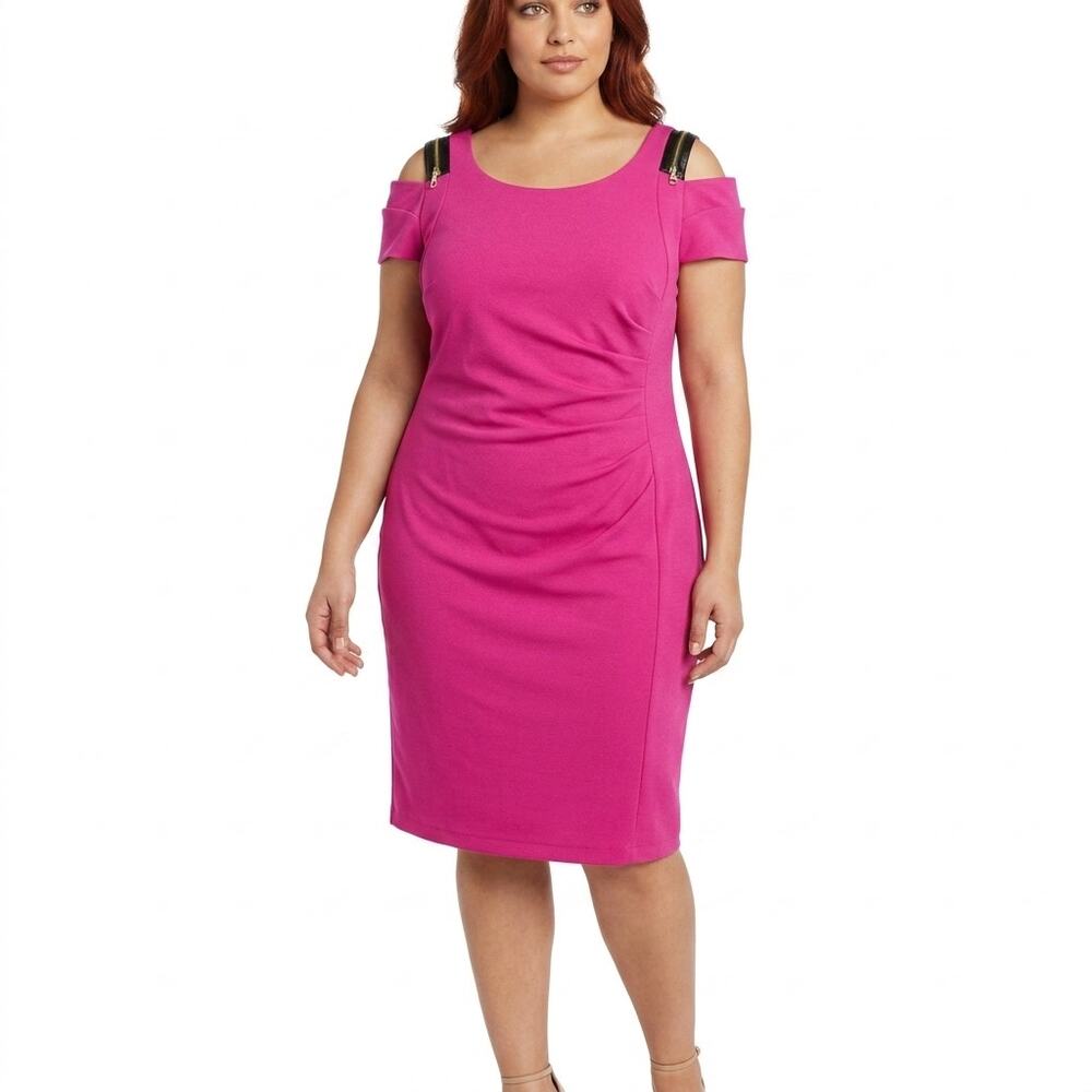 NWT Lane Collection Pink Sheath Knee Length Knit Ruched Dress Women Size 16